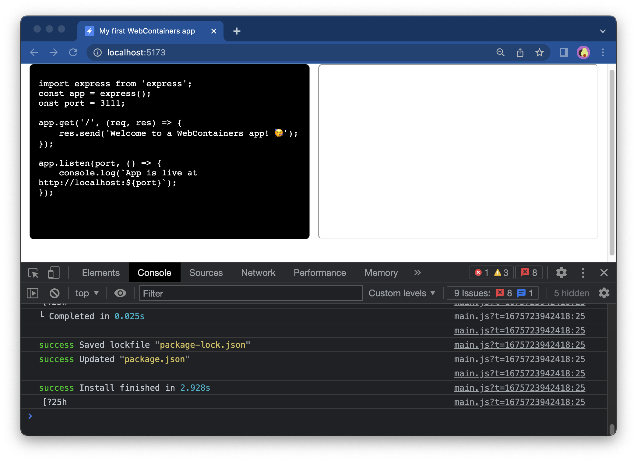 Output of npm install logged in the dev tools console