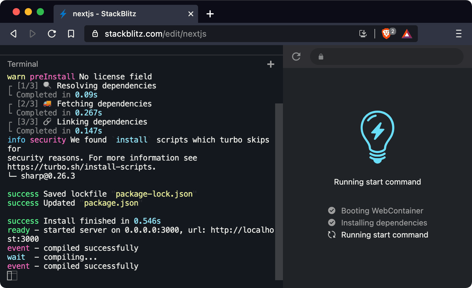 Screenshot of Brave on a WebContainers project with the Brave Shields feature on. Loading the project’s web server is stuck on the last step.